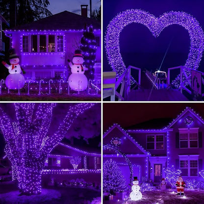 QITONG Purple Solar Christmas Lights, 2 Pack Each 66ft 200 LED Christmas String Lights Outdoor Waterproof, 8 Modes Green Wire Twinkle Lights for Outside