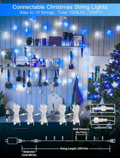 33FT 100 LEDs String Lights Waterproof Fairy Lights 8 Modes with Memory 30V UL Certified Power Supply for Home, Garden, Wedding, Party, Christmas Decoration Indoor Outdoor (Cool White+Blue)