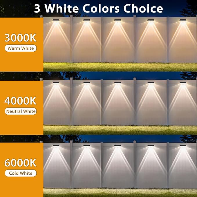 Solar Fence Lights Outdoor, 8-Pack 120LM Fence Lights Solar Powered, IP67 Waterproof Dusk to Dawn Auto On/Off 12+ Hours for Outside/Backyard/Wall/Step/Patio/Deck/Pool (3000K/4000K/6000K White)