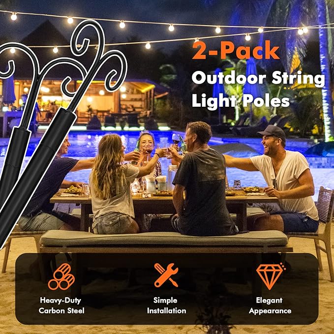 Goplus String Light Pole for Outside, 2 Pack 10ft Outdoor Metal Poles with Hooks for Hanging String Lights, Heavy | Lumora