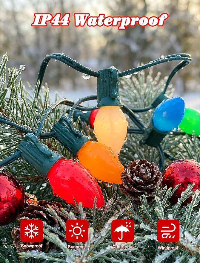 C7 Incandescent Christmas Lights Outdoor,Colored Christmas Tree Lights with 27 Glass 5w Bulbs(2 Spare),Vintage Xmas Lights Outdoor for Holiday/Paty/Patio/House Decor,E12 Base,Green Wire