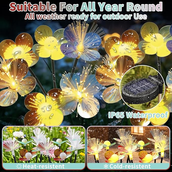 4 Pack Solar Garden Lights - Rainbow Petals, Warm Light, Flash & Constant Modes, Auto On/Off, Waterproof with Ground Plug for Yard, Patio Decoration