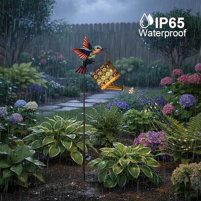Solar Watering Can with Cascading Lights Outdoor Garden Decor,Solar Hummingbird Lights Shaped Hook Gardening Gifts | Lumora