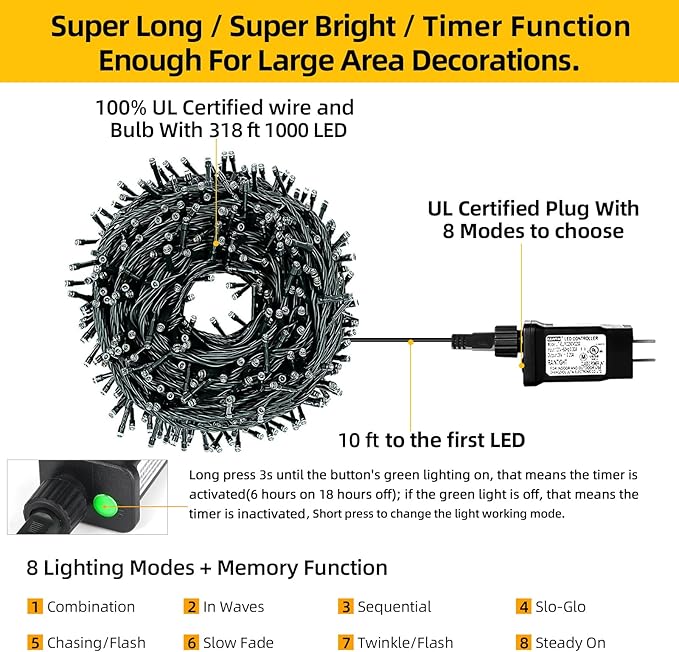 1000 LED 328ft 8 Modes with Timer Christmas String Lights IP55 Outdoor Waterproof UL Certificated Indoor Fairy | Lumora