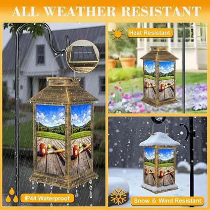 Solar Lantern Outdoor Waterproof Rustic Football Baseball Basketball Soccer Sports Vintage Wood Ball Garden Decor LED Solar Lights Hanging/Tabletop Lamp Gifts for Women Mom for Outside Yard Patio