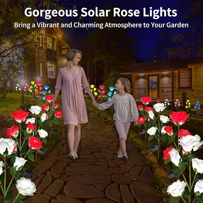 Solar Lights Outdoor Garden Decorative 4 Pack, Waterproof Solar Flower Lights with 20 Realistic Rose for Patio, Back Yard, Flower Bed, Pathway, Patio, Porch, White and Red