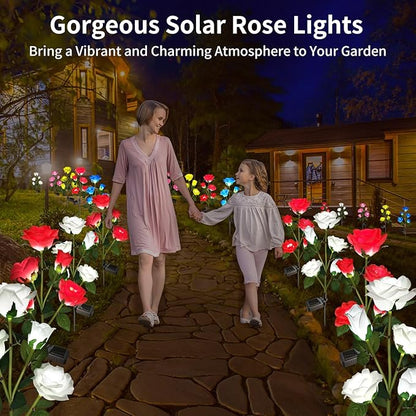 Solar Lights Outdoor Garden Decorative 4 Pack, Waterproof Solar Flower Lights with 20 Realistic Rose for Patio, Back Yard, Flower Bed, Pathway, Patio, Porch, White and Red