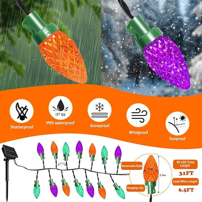 Mardi Gras String Lights C7 50L Halloween Solar Lights Outdoor Yellow Green Purple Light Outdoor Lighting with 8 Modes for Mardi Gras Party Patio Garden Tree Yard
