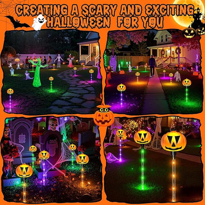 2025 Upgraded 6 Pack Halloween Solar Pumpkin Lights Outdoor Decorations, 8 Modes Waterproof Halloween Pathway Stake Lights with 42 Colorful LEDs, Pumpkin Decor for Garden, Yard, Party, Multicolor