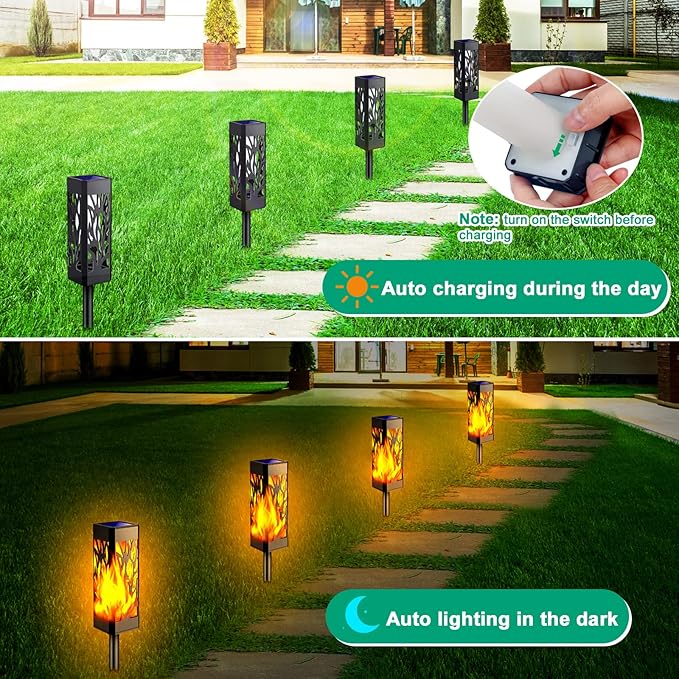 TomCare Solar Lights Metal Flickering Flame Solar Lantern with Pathway Lights