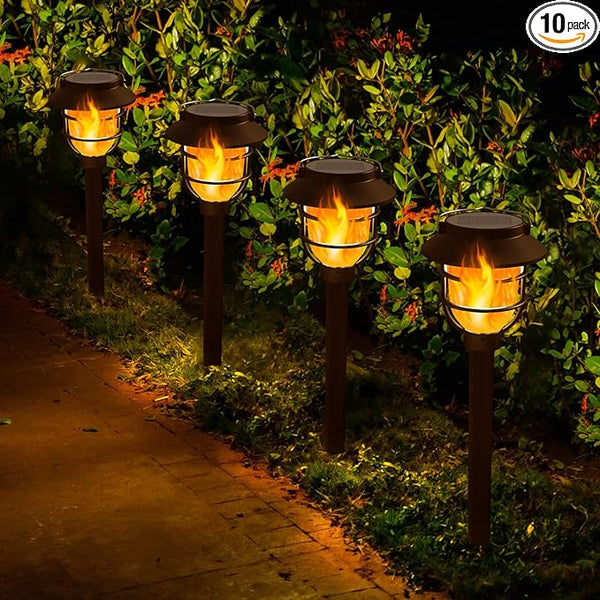 10 Pack Solar Pathway Lights Outdoor - Bright Solar Powered Garden Lights with Flickering Flame, Auto On/Off | Lumora