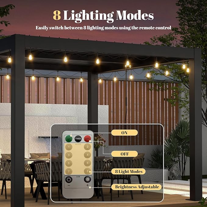 LED Outdoor String Lights, Bulbs Shatterproof Patio Lights with 8 Lighting Modes, 4-Level Dimmable Warm White, Waterproof Hanging Lights for Garden, Pergola, Bistro, Party Decor, Dimmable 2700K (62FT)