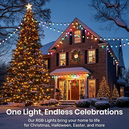 Smart Outdoor String Lights, 50FT RGB+IC & Warm White Christmas Outdoor Lights with 20 LED Dimmable Bulbs, String Lights with APP Control&Remote, IP65 Waterproof, 210 Modes for Christmas Patio,Balcony