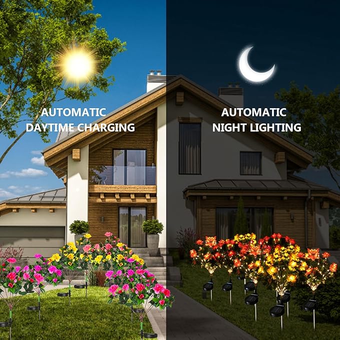 AMARS 4 Pack Solar Garden Lights Outdoor Decor, Waterproof Solar Powered Warm White Lights with Colorful Artificial Azalea Flowers for Yard, Pathway, Patio, Porch, Lawn Decorations