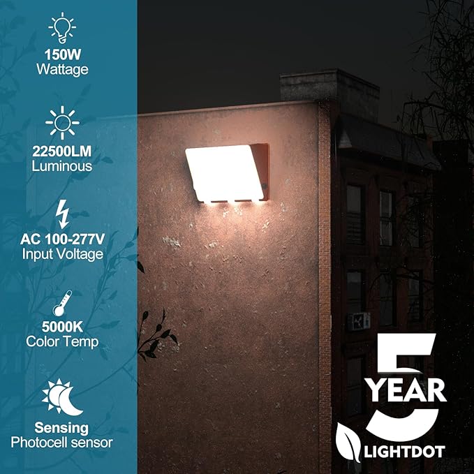 Lightdot 4Pack 150W LED Wall Pack Lights, 100-277v Dusk to Dawn Photocell | 22500Lm(150Lm/W) 5000K IP65 Outdoor | Lumora