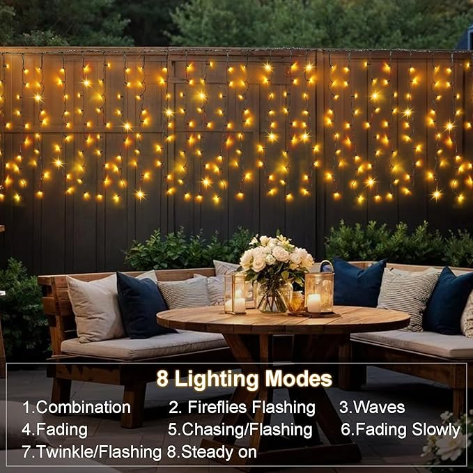 DBFAIRY Solar Curtain Lights, 13Ft x 3.3Ft 200 LED Outdoor Curtain Lights Waterproof Auto ON/Off 8 Modes for Garden Fence Patio Wall Decor (Warm White)