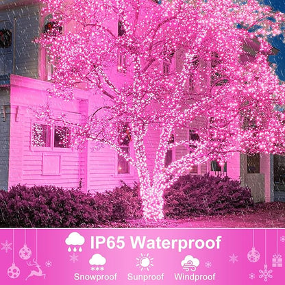 Christmas Lights Outdoor, 66FT 200 LED Christmas Tree Lights with 8 Modes Waterproof, Plug in Green Wire Connectable Twinkle String Light for Indoor Bedroom Patio Wedding Holiday Decor, Pink
