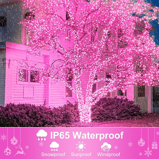 2 Pack Christmas Lights Outdoor, Total 200FT 600LED String Lights for Outside with 8 Modes Waterproof, Green Wire Twinkle Tree Lights for Indoor Room Patio Garden Party Decorations, Pink