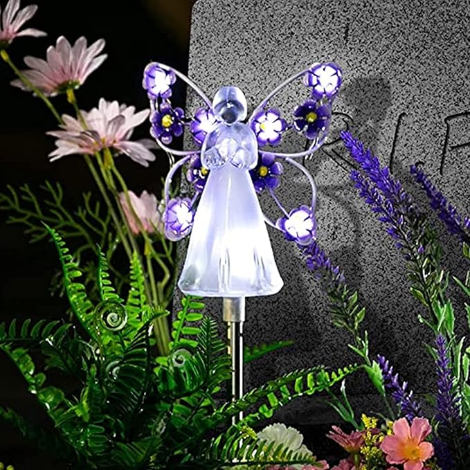 Solar Garden Lights 2pcs Fairy Garden Ornaments Outdoor Solar Pathway Lights, Flower Fairy Resin Figurine Lamp for Courtyard Lawn, Commemorate Gift (Color : Purple)