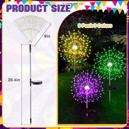 9 Pcs Mardi Gras Solar Firework Lights Solar Lights Outdoor Garden 120 LED 8 Modes Waterproof LED Sparkler Outdoor for Carnival Patio Yard Pathway Walkway (Purple,Yellow,Green)