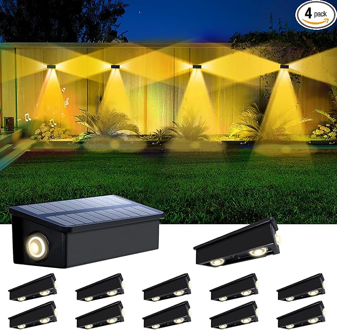12 Pack 3-Side Solar Fence Lights Outdoor Waterproof with Warm White LED Spot Lens, for Wall, Deck, Patio, Yard | Lumora