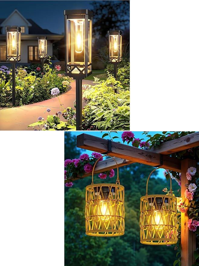 KOOPER 8 Pack Taller Solar Pathway Lights Outdoor 2 Pack Hanging Solar Lanterns Outdoor Waterproof