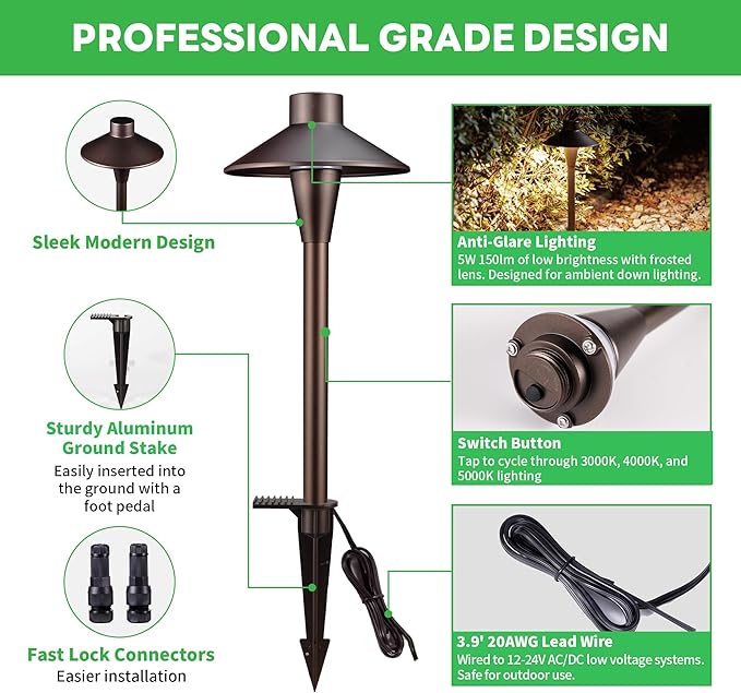 Landscape Path Lights, 3000K/4000K/5000K Selectable Pathway Lights, 12V Low Voltage Wired, LED Outdoor Waterproof | Lumora