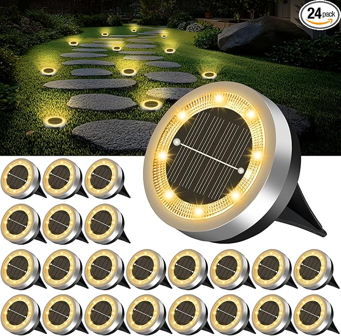 Mini Solar Ground Lights Outdoor 24 Pack Waterproof Upgraded Anti-Rust Solar Flat Garden Lights Stainless Steel | Lumora