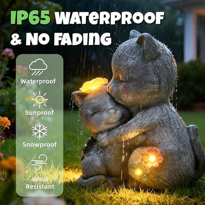 Solar Garden Statue Light, 8inch Cute Cats with Flowers Outdoor Deco for Patio, Lawn, Yard, Housewarming Birthday Gifts for Cat Lovers, Mom,Grandma,Women (Grey Cat)
