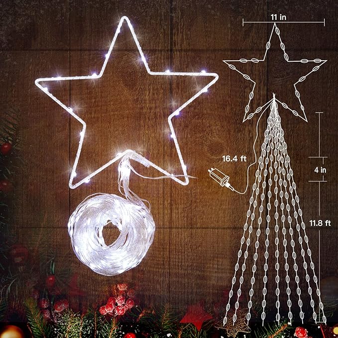 Christmas Decorations Star String Lights, 344 LED Waterfall Tree Lights with 11" Topper Iron Star Christmas Lights Indoor Outdoor Decorative for Wedding Party Home Holiday Decor (Pure White)