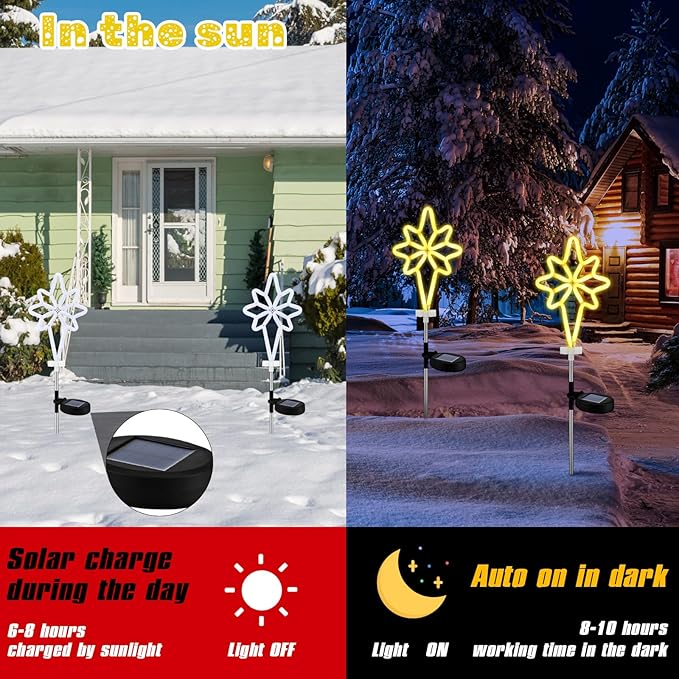 2 Pcs Solar Christmas Garden Stake Lights Waterproof Bethlehem Star Landscape Solar Pathway Lights for Outside Stakes Xmas Neon Yard Stakes for House