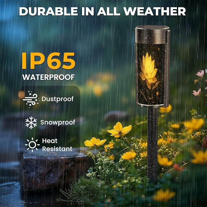4 Pack Solar Pathway Lights Outdoor Waterproof Black Gold Lotus Flower Yellow Golden Floral Glowing Petals Sparkles Solar Garden Lights LED Landscape Lighting for Yard Walkway Lawn Garden Decor