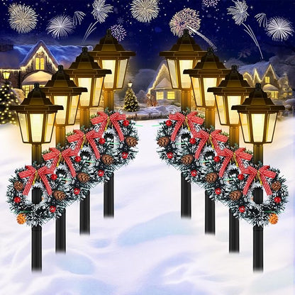 VIHOSE 4 Pcs 21.3 Inch Christmas Solar Pathway Lights Outdoor Waterproof Solar Christmas Street Lights with Ribbon Accessories Outdoor Lights for Yard Pathway Walkway Holiday Decor(Wreath)