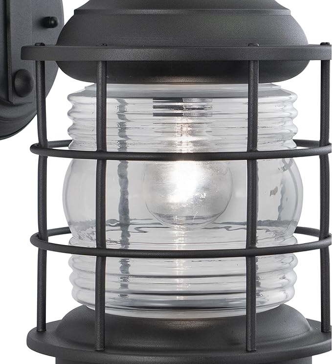 VAXCEL Hyannis 18 in. H 1-Light Textured Black Coastal Outdoor Wall Sconce Made of Durable Steel, Clear Ribbed Glass Shade, LED Compatible, Use for Exterior Porch Patio Front Door or Garage