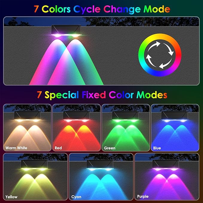 Solar Fence Lights Outdoor - Warm White & RGB 6 Color, Dusk to Dawn Deck Light, IP55 Waterproof Garden Lights for Outside/Backyard/Railing/Step/Patio/Wall (2PK)