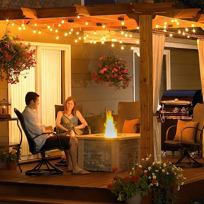 50FT Outdoor String Lights with Remote Dimmer, 25 + 2 Spare Led G40 Bulbs Connectable Dimmable Balcony Lights, Support Timer Waterproof Shatterproof for Patio Porch Garage Cafe