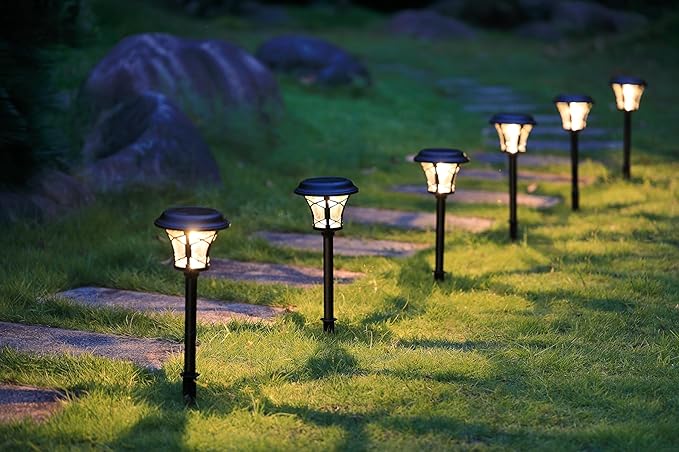 6-Pack Solar Post Lights, Outdoor Pathway & Fence Lights with Warm White 3000K LED, Auto On/Off Dusk to Dawn, Matte Black Metal & Glass, Tool-Free Installation, IP45 Waterproof [W58341]