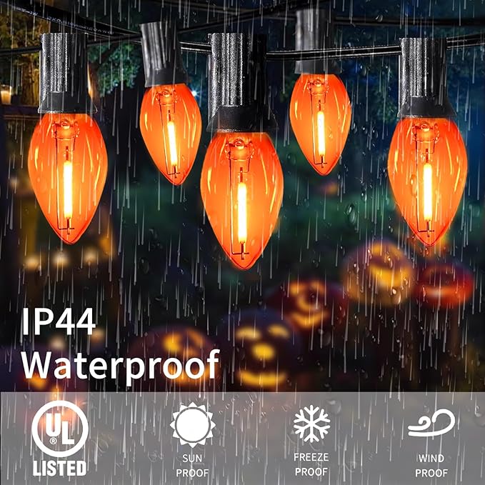 C7 Orange Halloween Lights Outdoor, 25FT LED String Lights with 25 Bulbs, Waterproof Fall Thanksgiving Decor for | Lumora