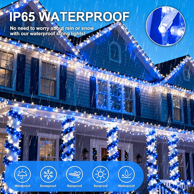 Led String Lights 500LED 165 ft Indoor/Outdoor Fairy String Lights 30V 8 Modes Christmas Lights for Home, Christmas Tree, Wedding Party, Room,Wall Decoration, Indoor&Outdoor(Blue+White)