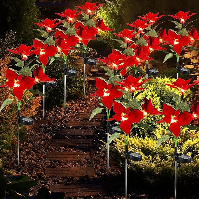 2 Pcs Solar Garden Lights,IP65 Waterproof Solar Poinsettia Flowers Lights Landscape Lighting,Simulation Poinsettia | Lumora