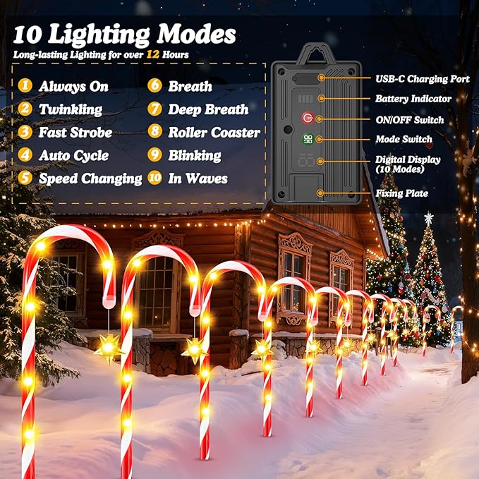 WdtPro 10-Pack Upgraded Solar Christmas Candy Cane Lights, Solar Pathway Lights Waterproof, Christmas Decorations Outdoor with 10 Modes and Bright 60 LED for Yard Garden Lawn Patio Party Decor