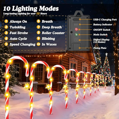 WdtPro 10-Pack Upgraded Solar Christmas Candy Cane Lights, Solar Pathway Lights Waterproof, Christmas Decorations Outdoor with 10 Modes and Bright 60 LED for Yard Garden Lawn Patio Party Decor