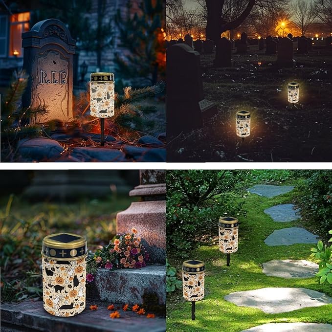 Halloween Cemetery Solar Lights for Grave Solar Lights for Cemetery Cat Solar Outdoor Lights 2 Pcs Solar Memorial Lights for Graves Decoration