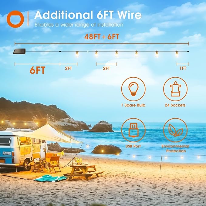 addlon 54FT Solar String Lights Outdoor Waterproof with USB Charging & Remote Control - Dimmable Solar Power Patio | Lumora