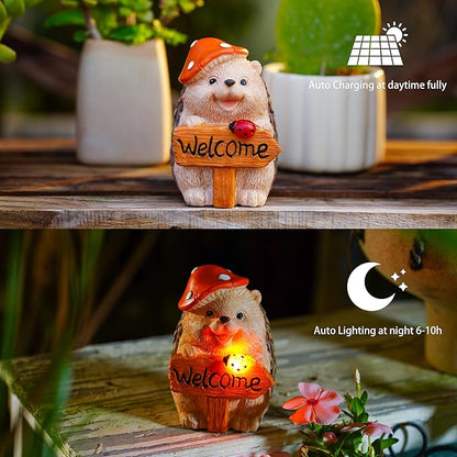 Garden Hedgehog Welcome Sign Statue with Mushroom Hat, Solar LED Ladybug Light, Outdoor Decorative Figurine 4.6in, Housewarming Gift for Patio,Yard,Lawn Ornament