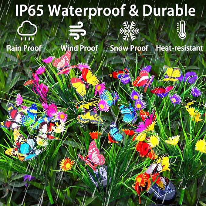 Solar Garden Lights, 2 Pack 84LED 14 Butterfly 28 Daisy Flower Solar Powered Lights IP65 Waterproof Stake Lights Outdoor Landscape Lights for Yard Patio Lawn Gift for Women (Purple-1)