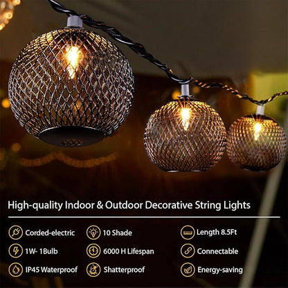 Decorative Lantern String Lights Plug in with 10 Black Metal Ball, Connectable Waterproof Outdoor Decorative String Lights Indoor for Bedroom Patio Pergola Decor