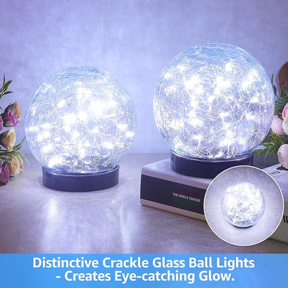 2-Pack Garden Solar Lights Outdoor, Cracked Glass Ball Light Waterproof, Decorative Solar Powered Globe Lighting Cool White for Yard Pathway