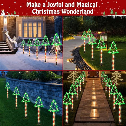 Lewondr Solar Christmas Pathway Lights, 5 PCS Solar Christmas Decorations Outdoor with 2 Lighting Modes, Green Xmas Tree Lights with Red Pole and Garden Stake, Waterproof Yard Lawn Patio Holiday Decor