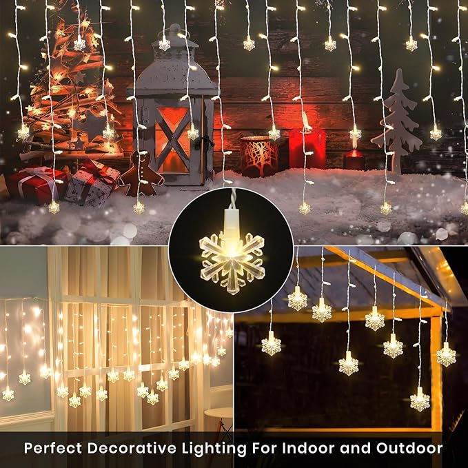 Icicle Lights for Outside 180 Clear Warm White 5MM Led 26.4ft White Wire Snowflake with 8 Mode Function Curtain String Lights Indoor Warm White and Outdoor for roof Patio Garden Bedroom (Remote)